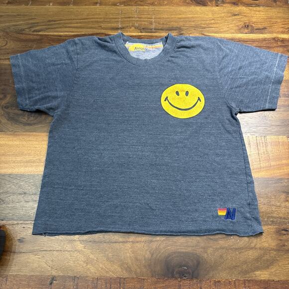 Aviator Nation T Shirt Size SM Cropped Grayish/Blue Smiley Happy Face USA - Picture 1 of 4